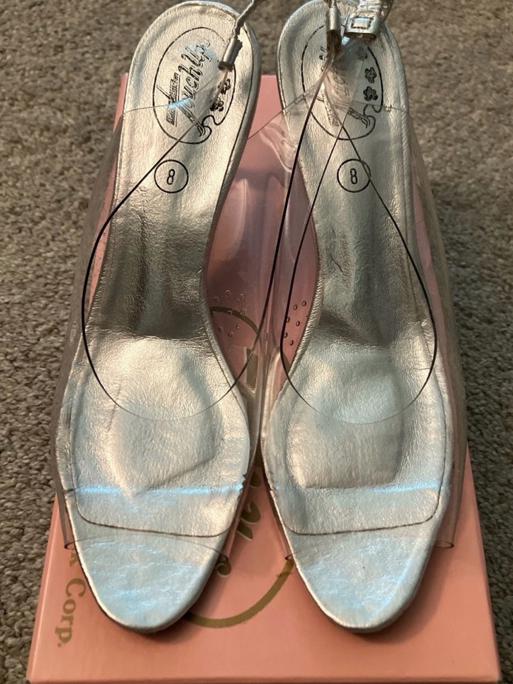 Touch Ups Clear and Silver Pointed Toe Slingback Heels with Metallic Finish